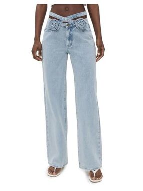 Lioness Light Blue High-Rise Wide-Leg Jeans with Floral Waist Detail